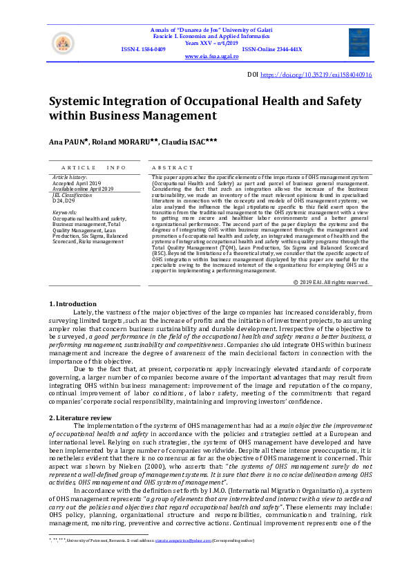 (PDF) Systemic Integration of Occupational Health and Safety within ...