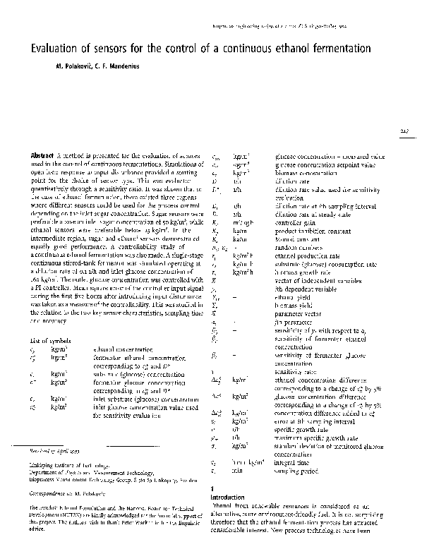 (PDF) Evaluation of sensors for the control of a continuous ethanol ...