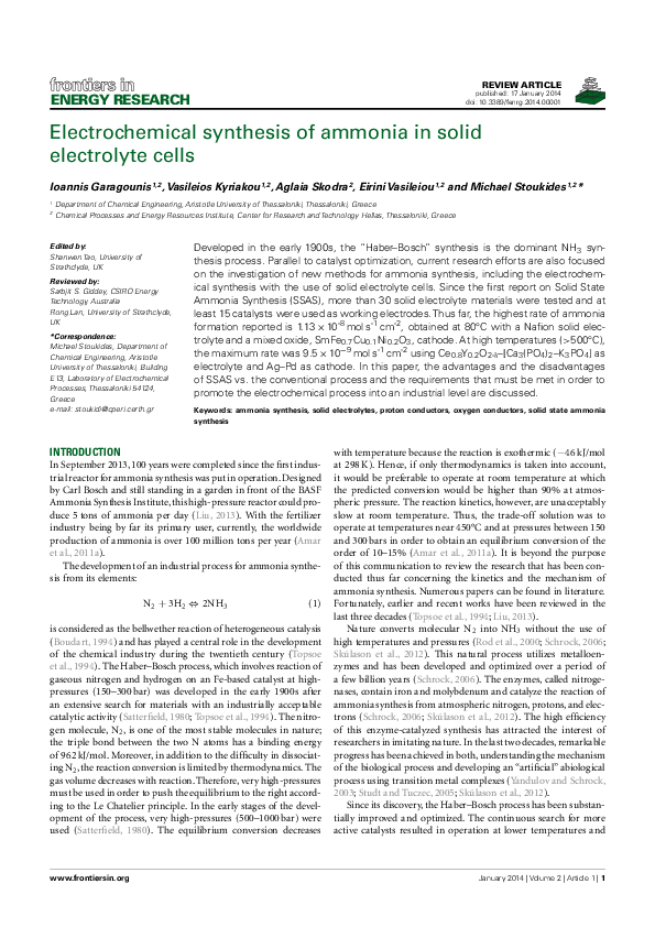 (PDF) Electrochemical Synthesis of Ammonia in Solid Electrolyte Cells