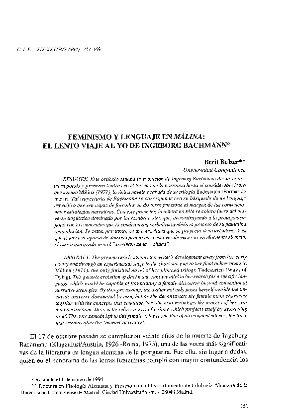 (PDF) Feminismo y lenguaje en "Málina" el lento viaje al yo de Bachmann Berit