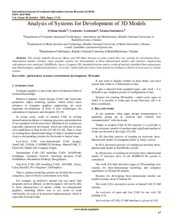 (PDF) Analysis of Systems for Development of 3D Models