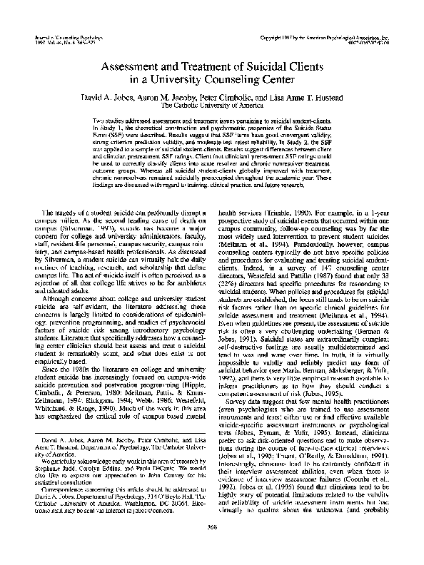 (PDF) Assessment and treatment of suicidal clients in a university ...