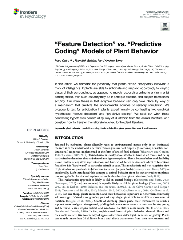 (PDF) “Feature Detection” vs. “Predictive Coding” Models of Plant