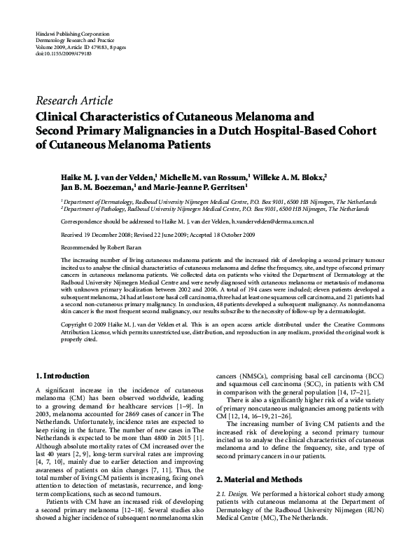 (PDF) Clinical characteristics of cutaneous melanoma and second primary ...