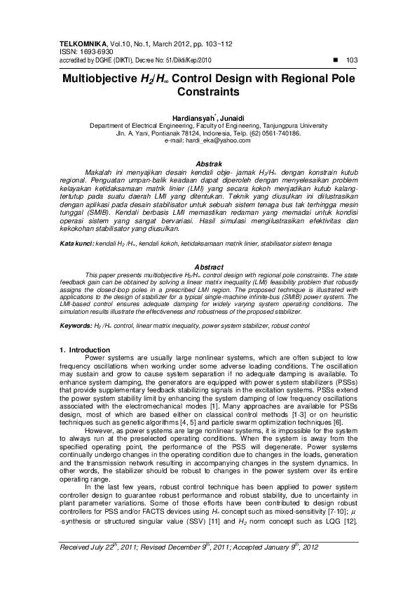 (PDF) Multiobjective H2/H? Control Design with Regional Pole Constraints
