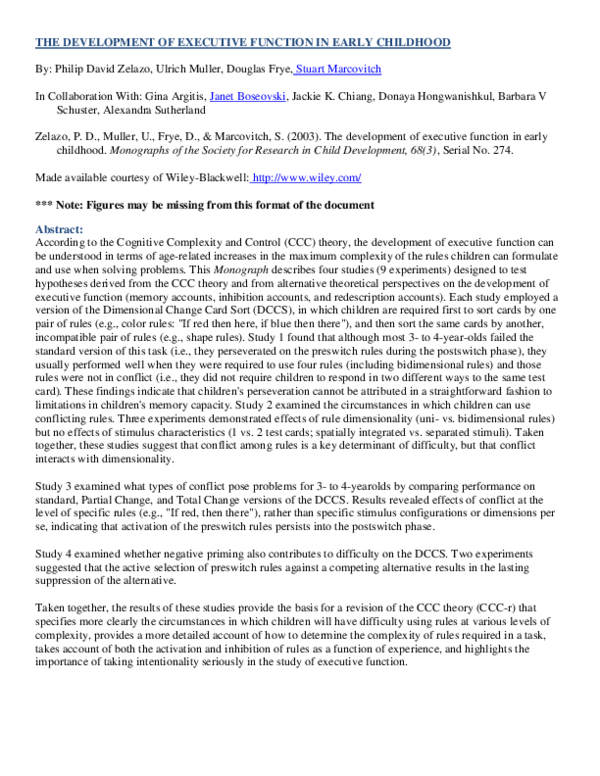 (PDF) The development of executive function in early childhood