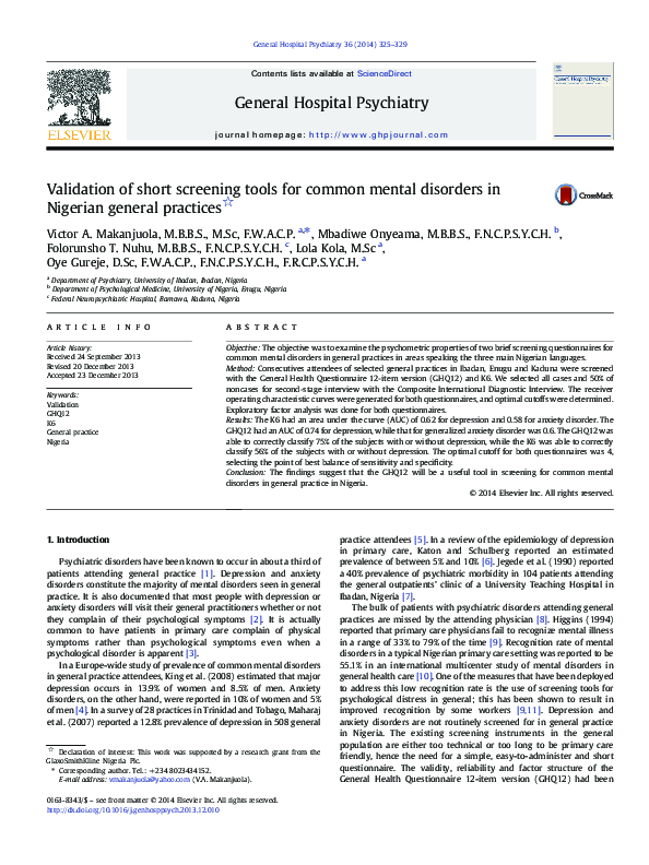 (PDF) Validation of short screening tools for common mental disorders ...