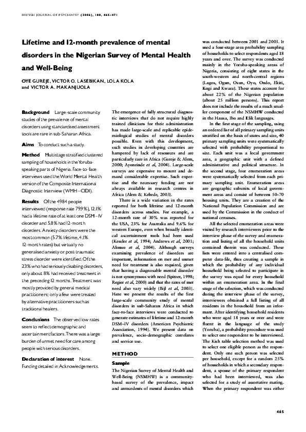 (PDF) Lifetime and 12-month prevalence of mental disorders in the ...