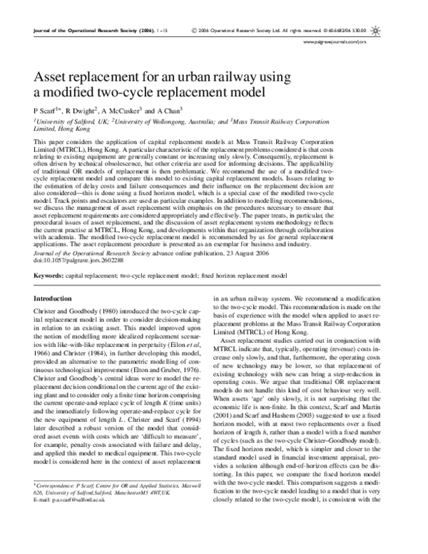 (PDF) Asset replacement for an urban railway using a modified two-cycle ...