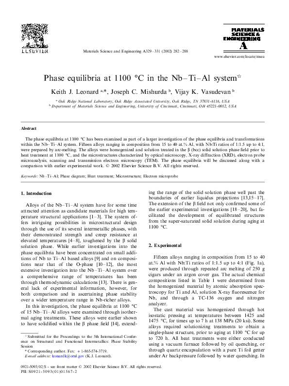 (PDF) Phase equilibria at 1100°C in the Nb–Ti–Al system