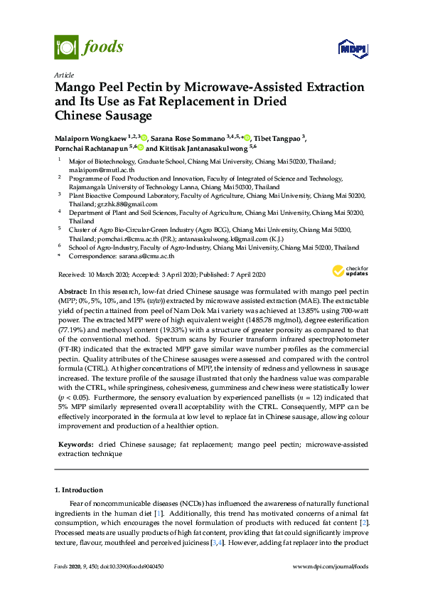 (PDF) Mango Peel Pectin by MicrowaveAssisted Extraction and Its Use as