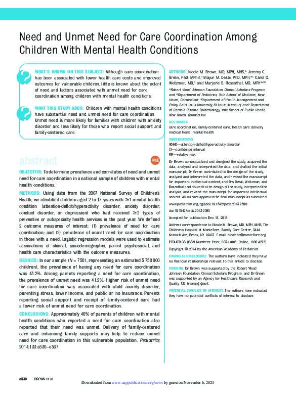 (PDF) Need and Unmet Need for Care Coordination Among Children With ...