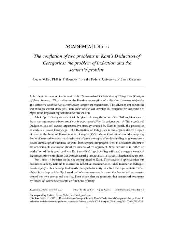 (PDF) The conflation of two problems in Kant's Deduction of Categories ...