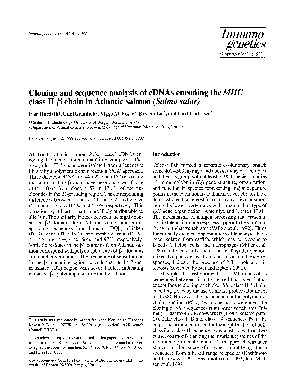 (PDF) Cloning and sequence analysis of cDNAs encoding the MHC class II ...