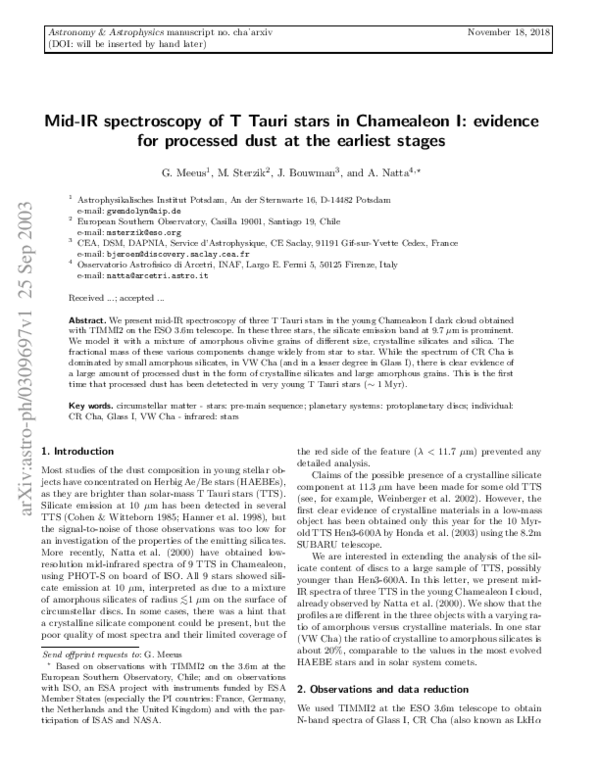 (PDF) Mid-IR spectroscopy of T Tauri stars in Chamealeon I: Evidence ...