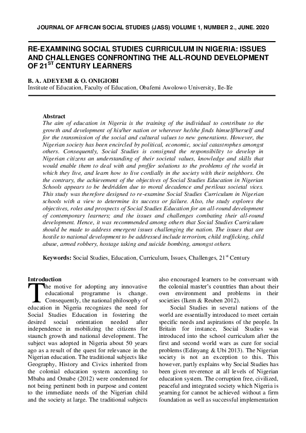 (PDF) RE-EXAMINING SOCIAL STUDIES CURRICULUM IN NIGERIA: ISSUES AND ...