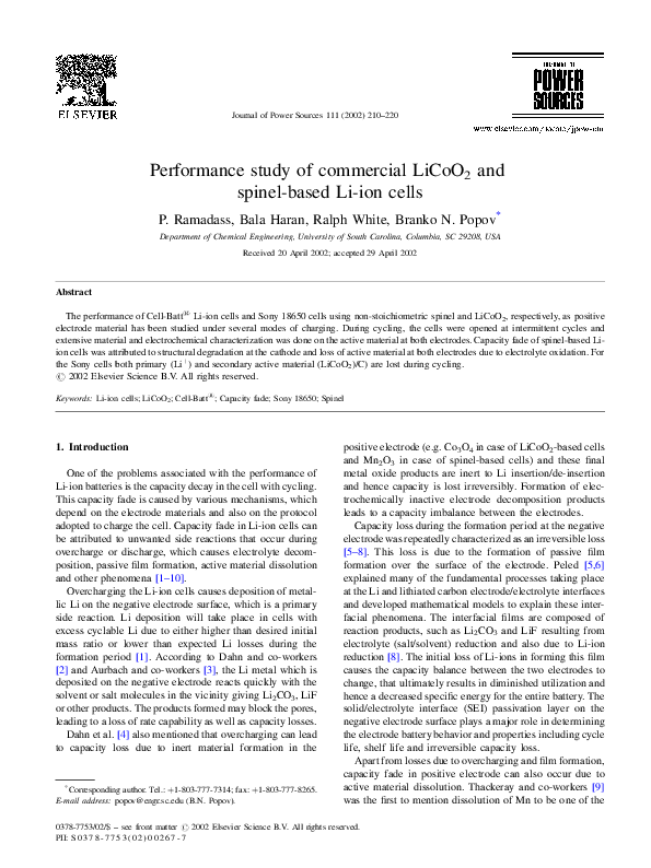 (PDF) Performance study of commercial LiCoO2 and spinel-based Li-ion cells