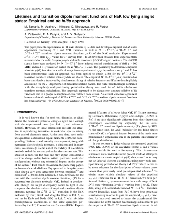 (PDF) Lifetimes and transition dipole moment functions of NaK low lying ...