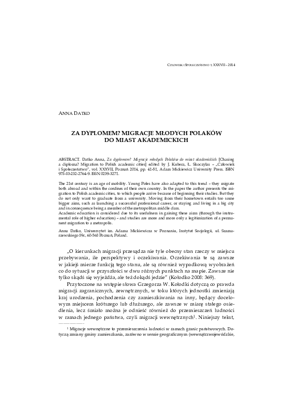 (PDF) Za dyplomem? Migracje młodych Polaków do miast akademickich