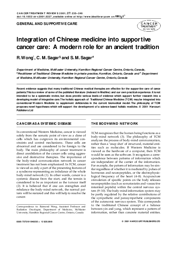 (PDF) Integration of Chinese medicine into supportive cancer care:A ...