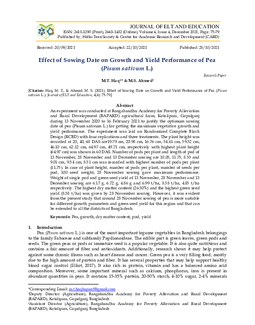 (PDF) Effect of Sowing Date on Growth and Yield Performance of Pea ...