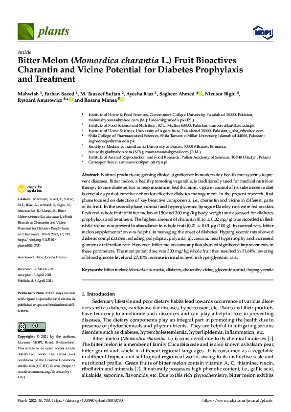 (PDF) Bitter Melon (Momordica charantia L.) Fruit Bioactives Charantin ...