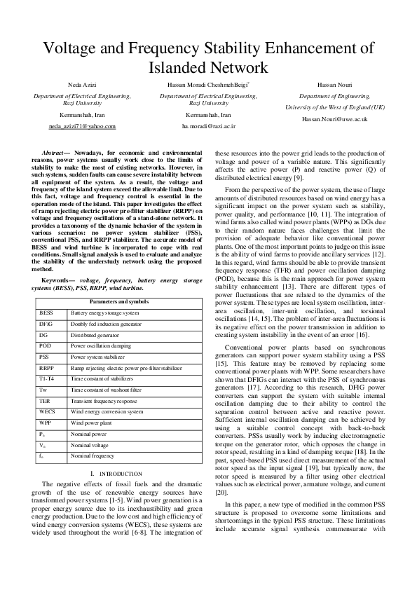 (PDF) Voltage and Frequency Stability Enhancement of Islanded Network