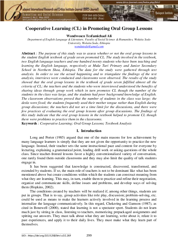 (PDF) Cooperative Learning (CL) in Promoting Oral Group Lessons