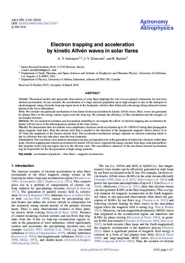 (PDF) Electron trapping and acceleration by kinetic Alfvén waves in ...