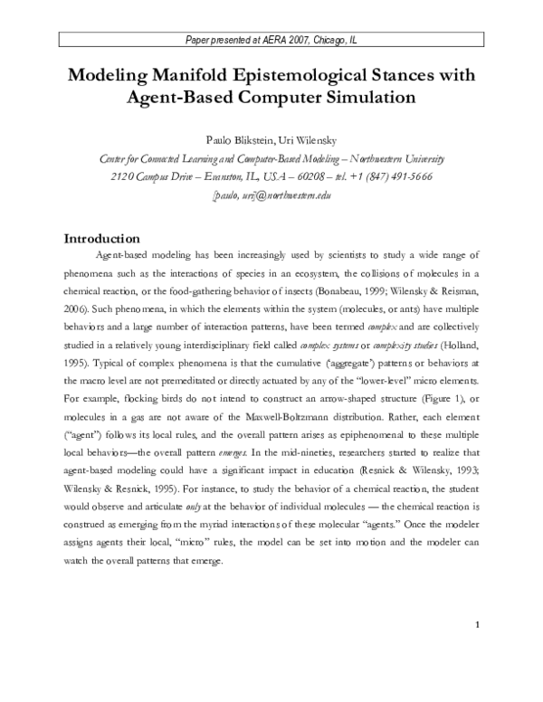(PDF) Modeling manifold epistemological stances with agentbased