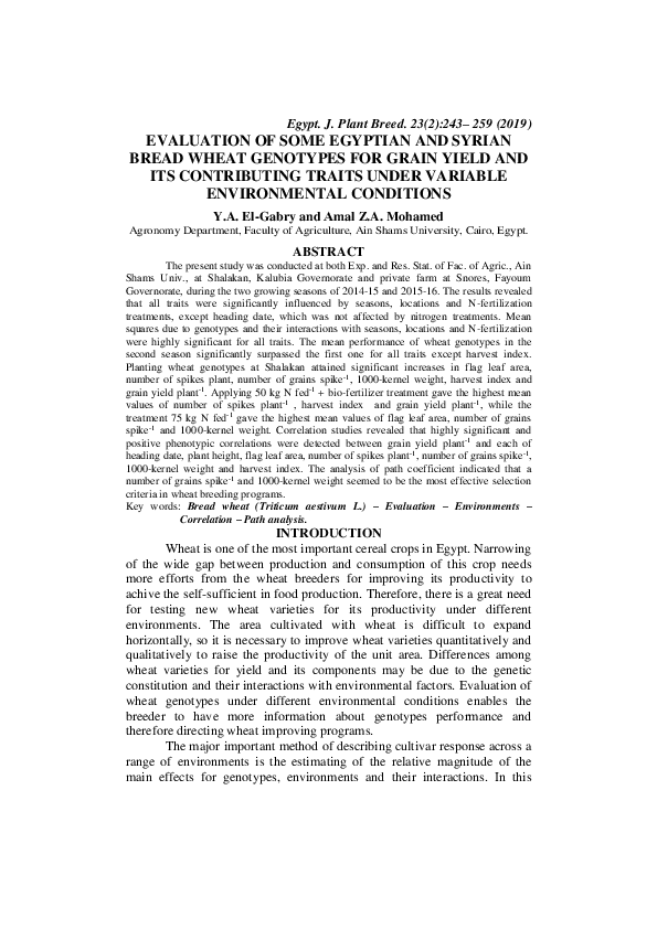 (PDF) EVALUATION OF SOME EGYPTIAN AND SYRIAN BREAD WHEAT GENOTYPES FOR ...