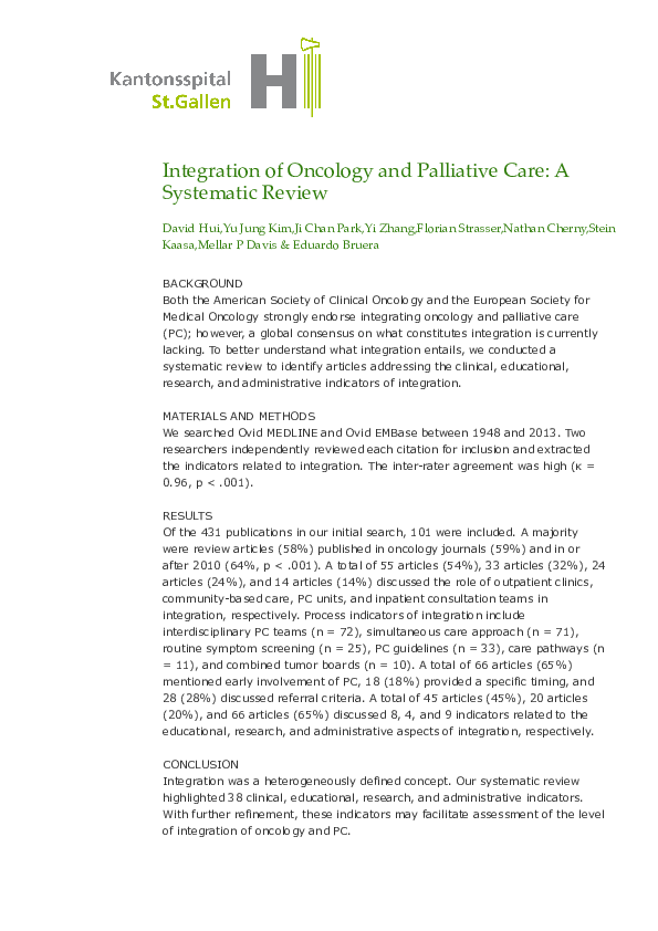 (PDF) Integration of oncology and palliative care: a systematic review