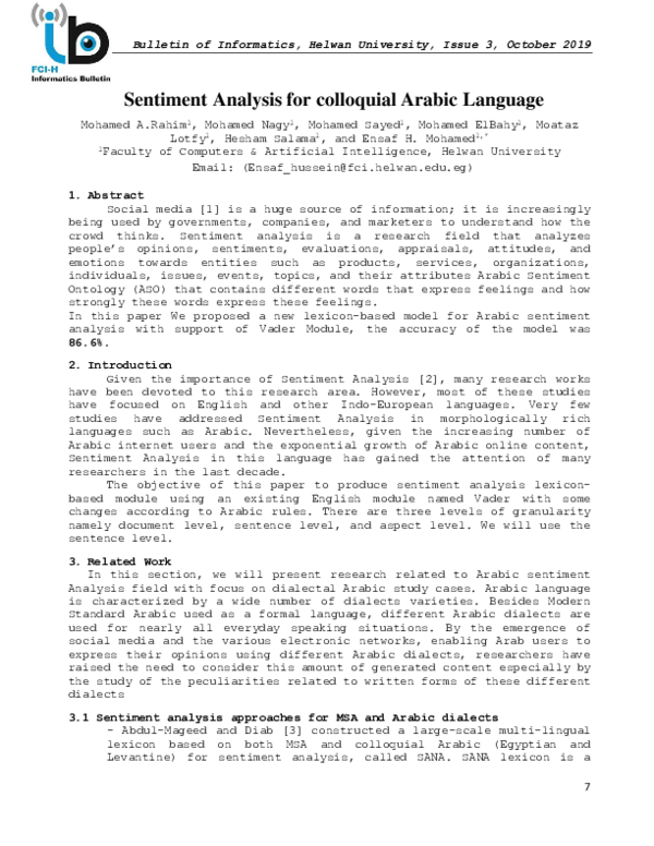 (PDF) Sentiment Analysis for colloquial Arabic Language
