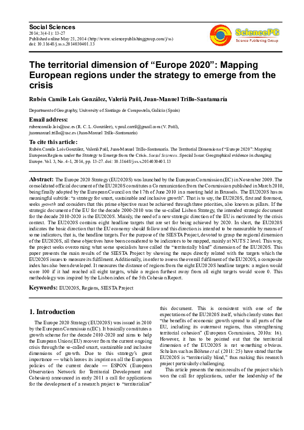 (PDF) The Territorial Dimension of “Europe 2020”: Mapping European ...