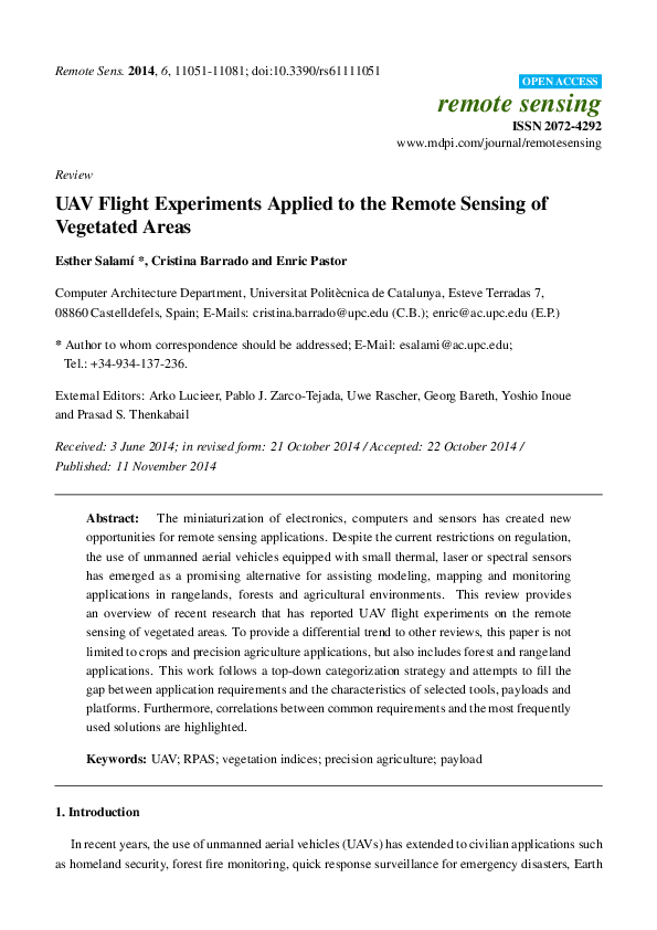 (PDF) UAV Flight Experiments Applied to the Remote Sensing of Vegetated ...