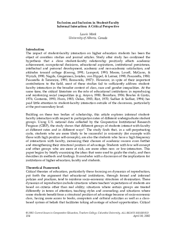 (PDF) Exclusion and inclusion in student-faculty informal interaction ...