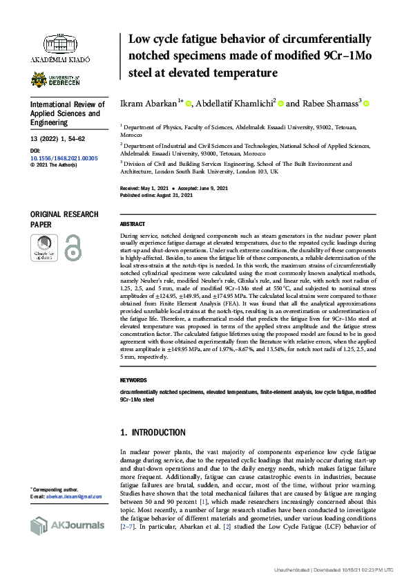 (PDF) Low cycle fatigue behavior of circumferentially notched specimens ...