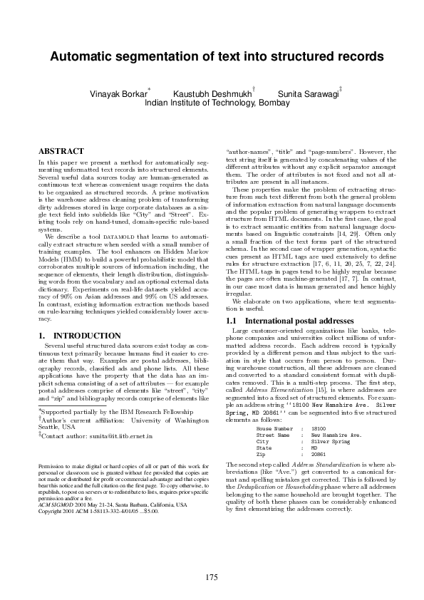 (PDF) Automatic segmentation of text into structured records