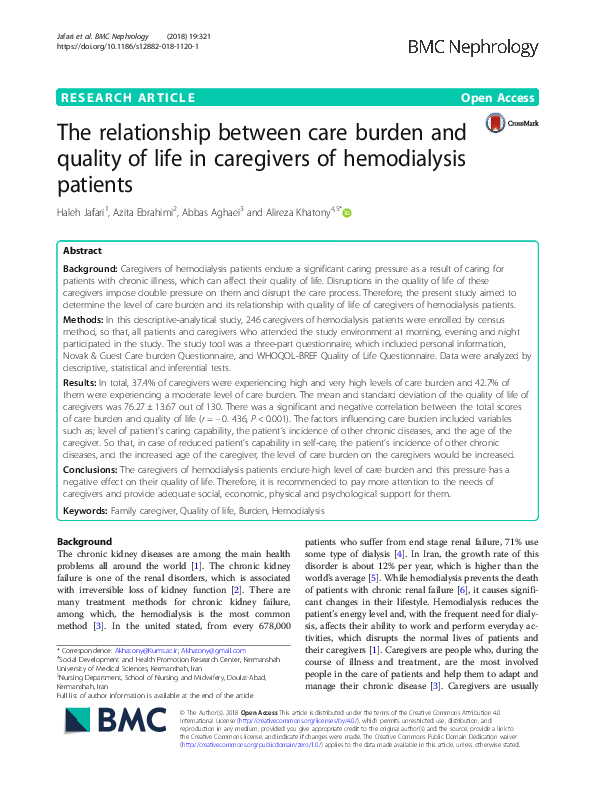 (PDF) The relationship between care burden and quality of life in ...