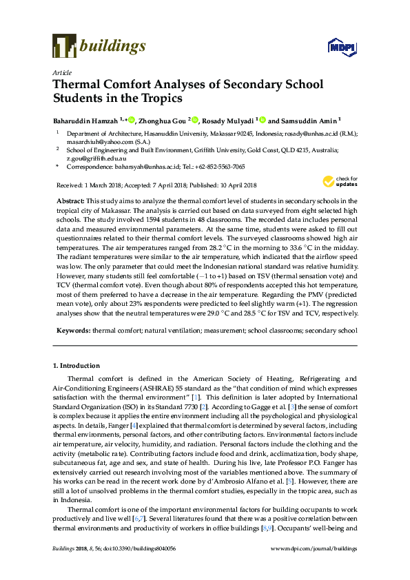(PDF) Thermal Comfort Analyses of Secondary School Students in the Tropics