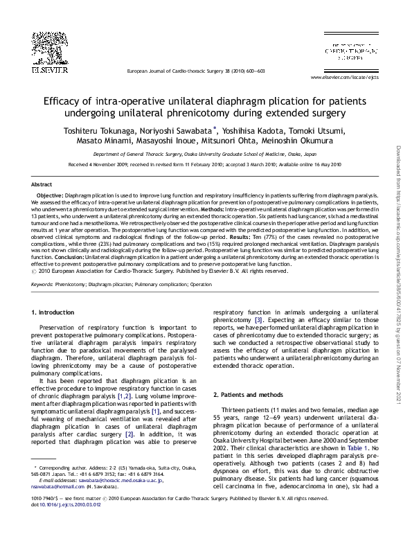 (PDF) Efficacy of intra-operative unilateral diaphragm plication for ...