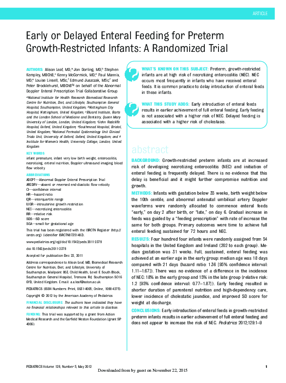 (PDF) Early or Delayed Enteral Feeding for Preterm