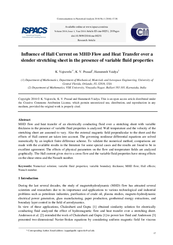 (PDF) Influence of Hall Current on MHD Flow and Heat Transfer over a ...