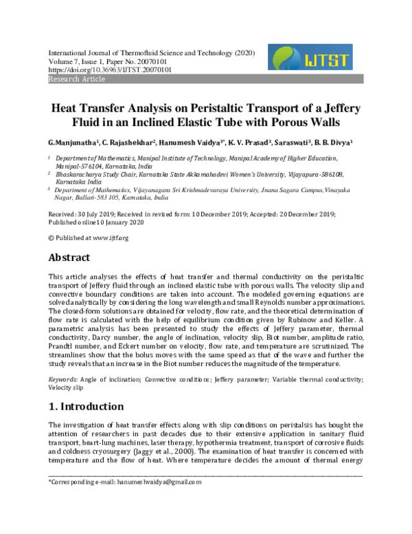 (PDF) Heat Transfer Analysis on Peristaltic Transport of a Jeffery ...