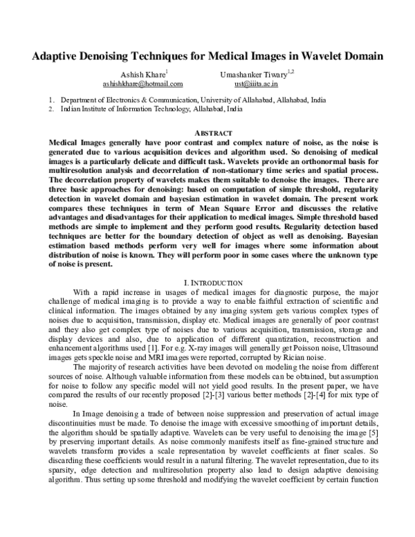 (PDF) Adaptive Denoising techniques for Medical Images in Wavelet Domain