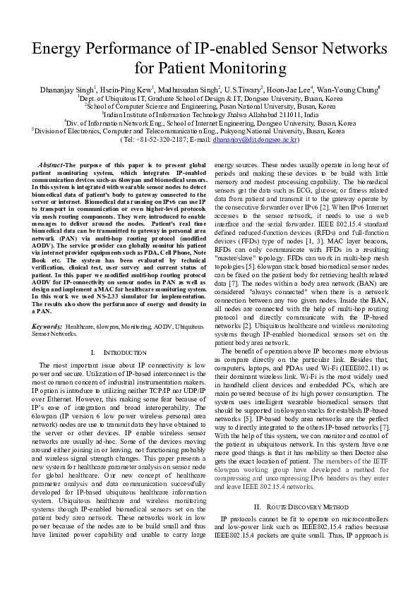 (PDF) Energy Performance of IP-enabled Sensor Networks for Patient ...