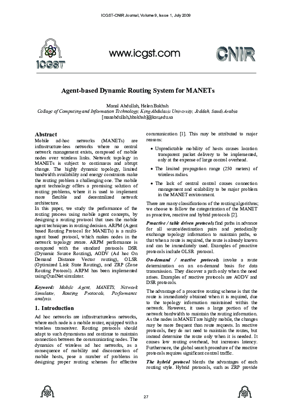 (PDF) Agent-based dynamic routing system for manets