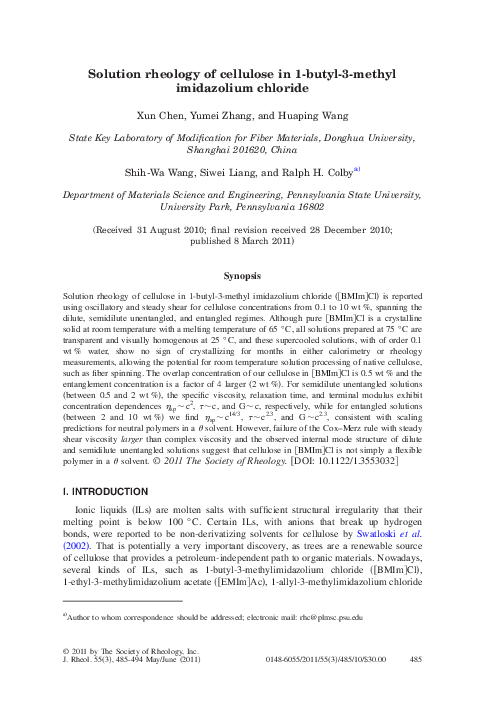 (PDF) Solution rheology of cellulose in 1-butyl-3-methyl imidazolium ...