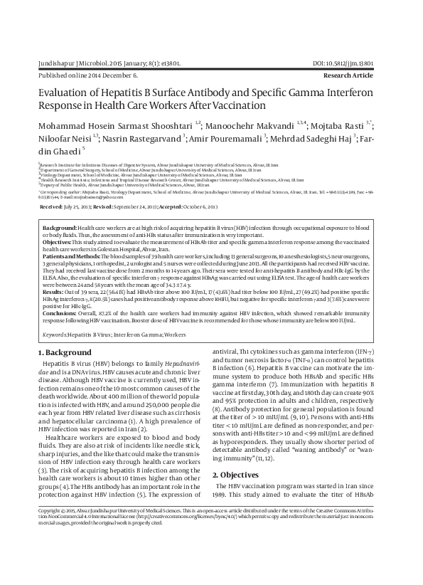 (PDF) Evaluation of Hepatitis B Surface Antibody and Specific Gamma ...