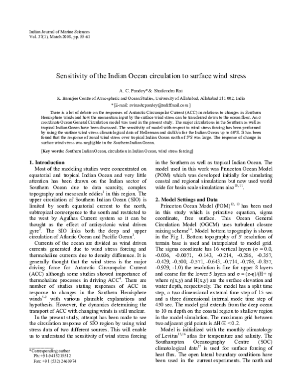 (PDF) Sensitivity of the Indian Ocean circulation to surface wind stress